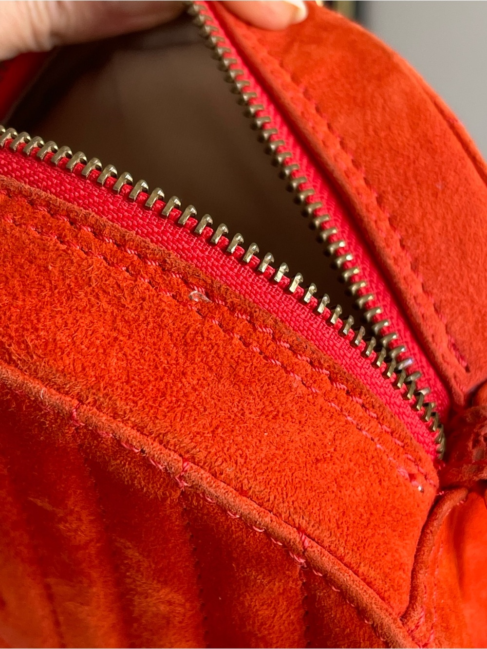 BCBG MaxAzria Orange Faux Suede Quilted Chevron Round Crossbody - Picture 14 of 16